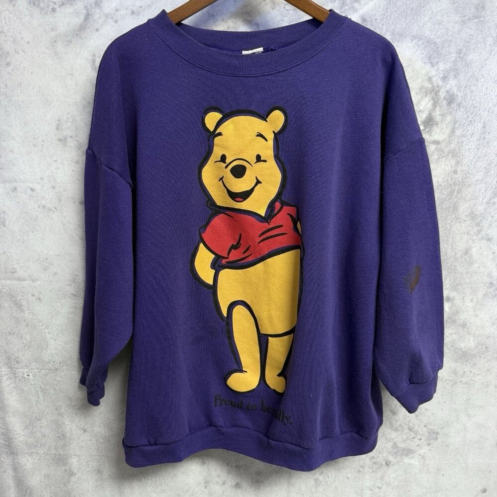 Vintage Winnie The Pooh Sweatshirt Oversized L Purple Crew Neck Cartoon 90s Y2K - Picture 1 of 16